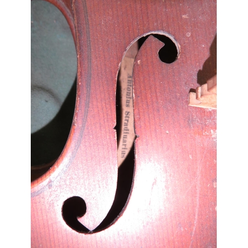 199 - Very old violin in sarcophagus case with 2x bows