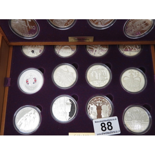 88 - Silver set in wooden box of 24x golden Jubilee crown size coins all silver proof with certificates -... 