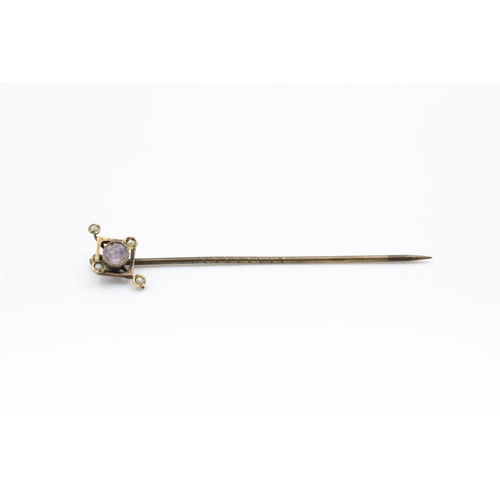 102 - 3 x Mixed carat antique stick pins in 9ct seed pearl, masonic