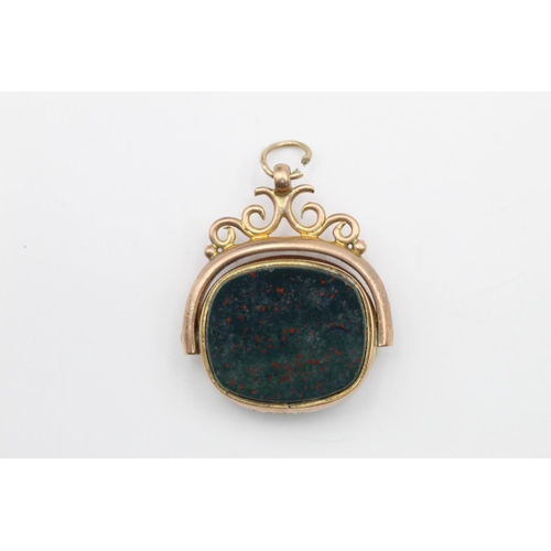 112 - 9ct gold antique gemstone swivel fob with bloodstone & carnelian