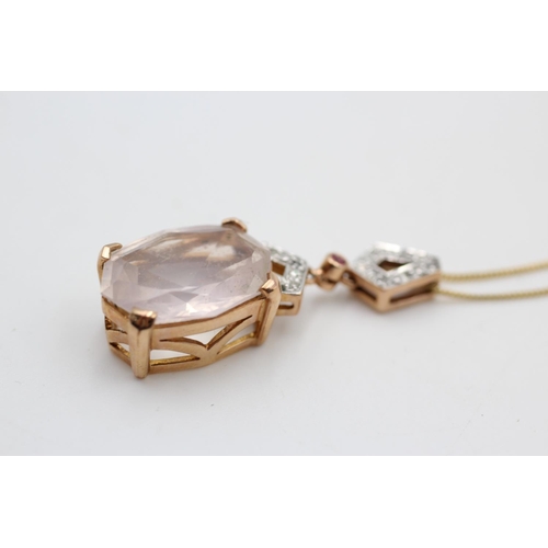 136 - 9ct gold rose quartz & diamond pendant necklace