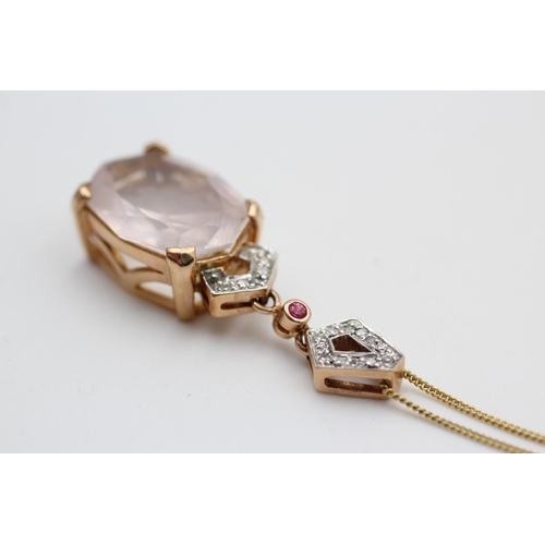 136 - 9ct gold rose quartz & diamond pendant necklace