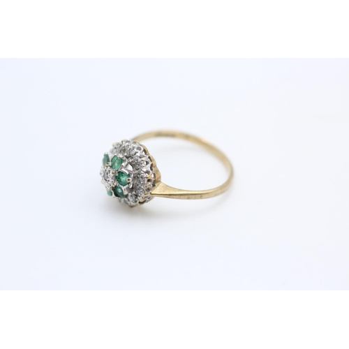 163 - 9ct gold diamond & emerald cluster ring size L