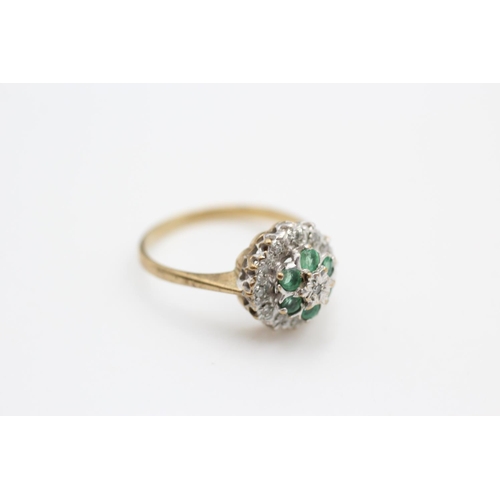 163 - 9ct gold diamond & emerald cluster ring size L