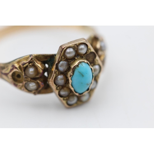 209 - 9ct gold antique turquoise and pearl cluster ring (as seen) size O