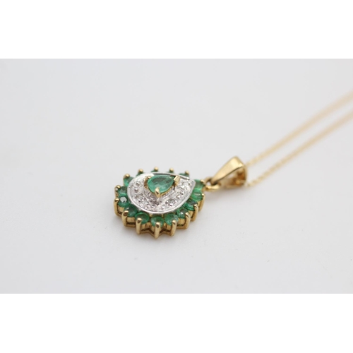 223 - 9ct gold diamond & emerald pendant necklace