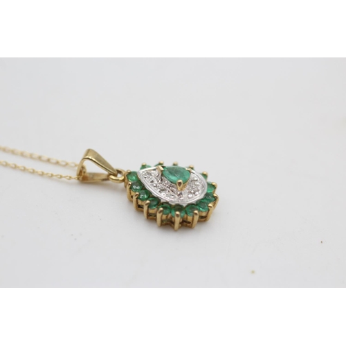 223 - 9ct gold diamond & emerald pendant necklace