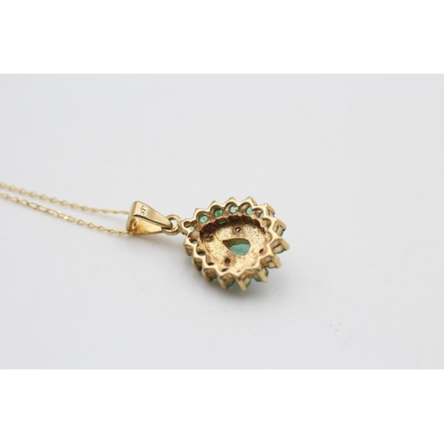 223 - 9ct gold diamond & emerald pendant necklace