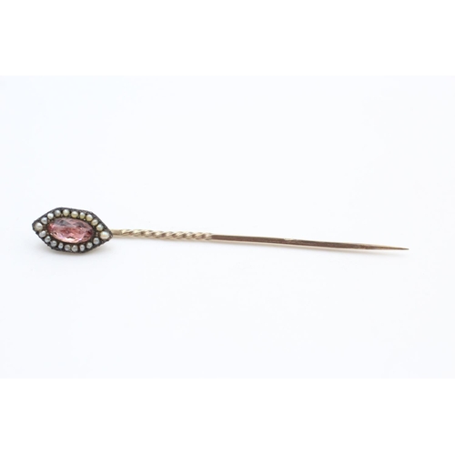 235 - 9ct gold antique foil backed glass & seed pearl stick pin