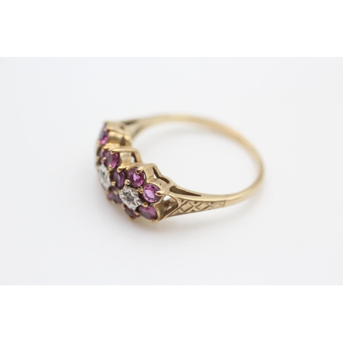 283 - 9ct gold ruby & diamond floral design ring size Q