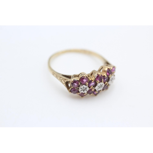 283 - 9ct gold ruby & diamond floral design ring size Q