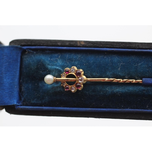 315 - 18ct gold antique diamond, ruby and pearl stick pin in box