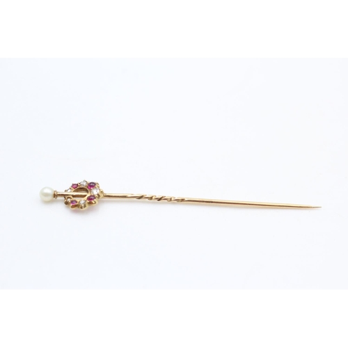 315 - 18ct gold antique diamond, ruby and pearl stick pin in box