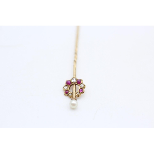 315 - 18ct gold antique diamond, ruby and pearl stick pin in box