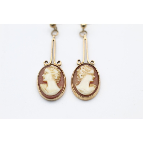 316 - 9ct gold shell cameo drop earrings