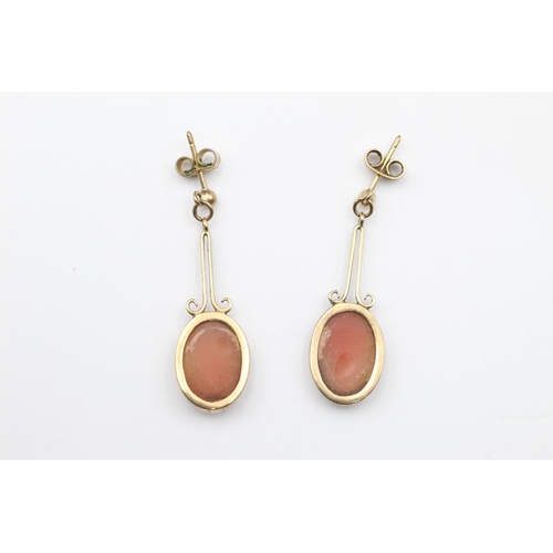 316 - 9ct gold shell cameo drop earrings