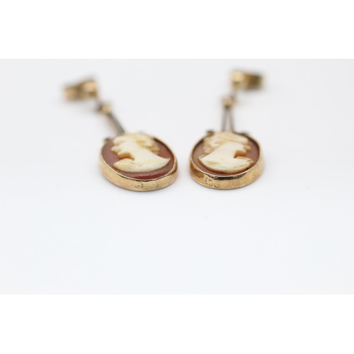 316 - 9ct gold shell cameo drop earrings