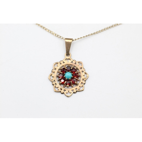 75 - 9ct garnet & turquoise cluster pendant necklace