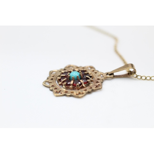 75 - 9ct garnet & turquoise cluster pendant necklace