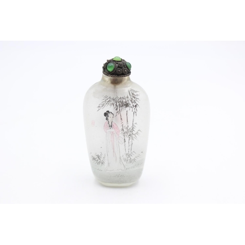 153 - Antique Reverse Painted Glass SNUFF BOTTLE Lady with Dipper Scoop, Silver Topped