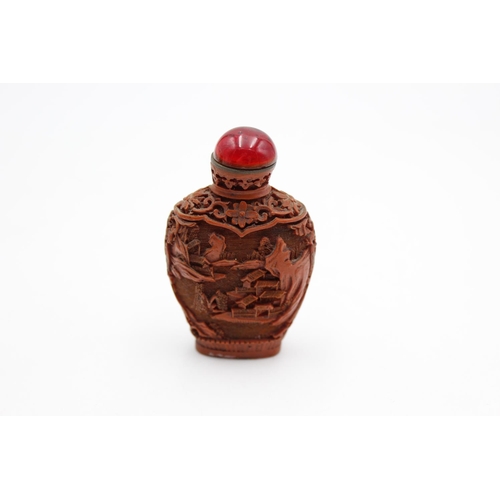 154 - Antique Chinese Hand Carved Cinnabar SNUFF BOTTLE Lacquered with Topper