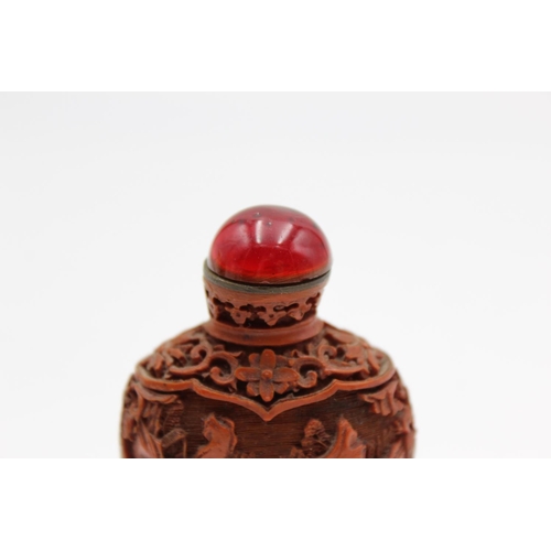 154 - Antique Chinese Hand Carved Cinnabar SNUFF BOTTLE Lacquered with Topper