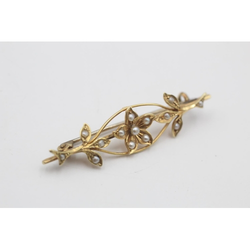 17 - 15ct gold antique seed pearl foliate brooch (2.7g)