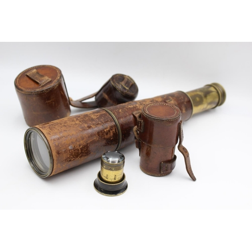 248 - WW1 1914 Dated 3-Draw Military Brass TELESCOPE w/ Leather Case, Spare Lens