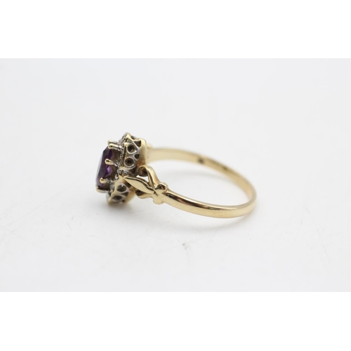 41 - 9ct gold vintage amethyst & diamond navette halo dress ring (2.8g)  Size Q