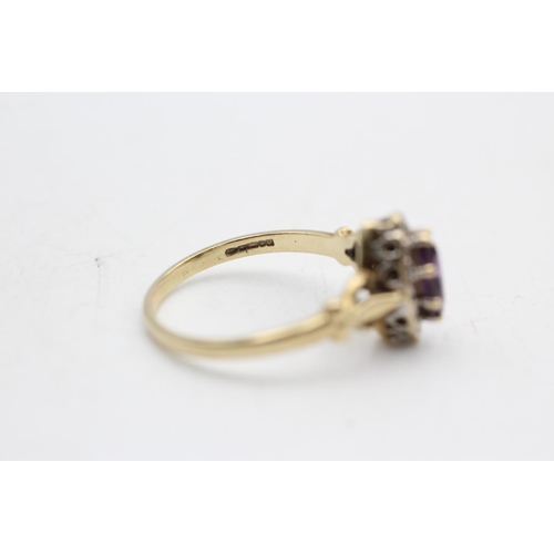 41 - 9ct gold vintage amethyst & diamond navette halo dress ring (2.8g)  Size Q