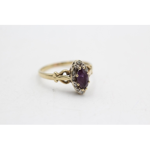 41 - 9ct gold vintage amethyst & diamond navette halo dress ring (2.8g)  Size Q