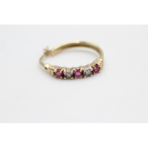 8 - 9ct gold diamond & ruby detail hoop earrings (2.7g)