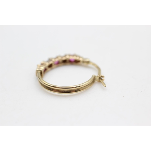 8 - 9ct gold diamond & ruby detail hoop earrings (2.7g)