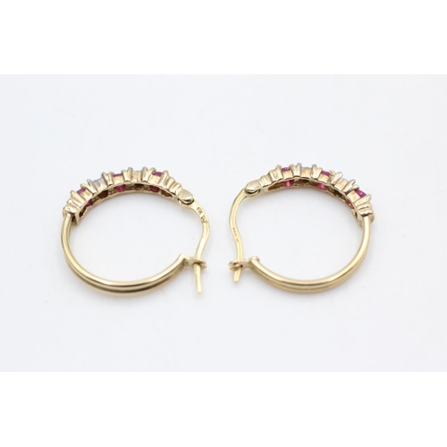 8 - 9ct gold diamond & ruby detail hoop earrings (2.7g)