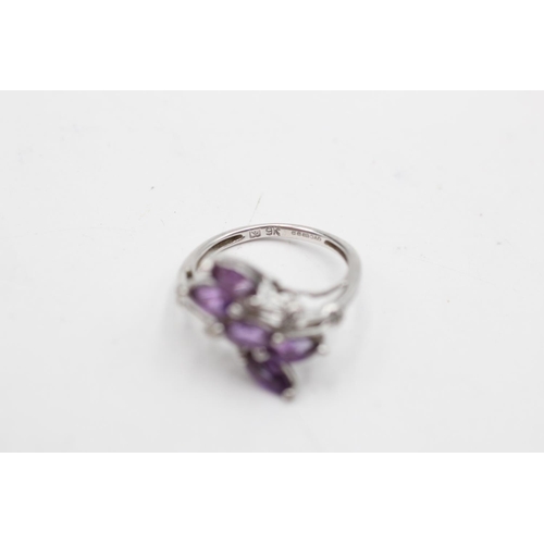 11 - 9ct white gold amethyst & diamond overlapping floral setting dress ring (2.3g) Size K