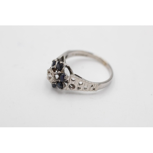 16 - 9ct white gold vintage diamond & sapphire cluster cathedral setting dress ring (2.2g) Size K