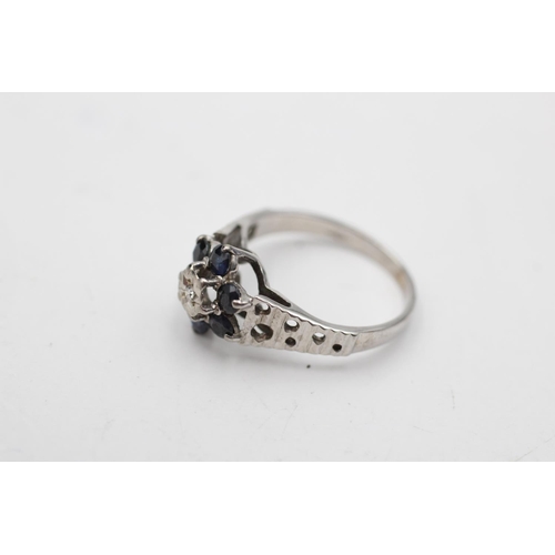 16 - 9ct white gold vintage diamond & sapphire cluster cathedral setting dress ring (2.2g) Size K