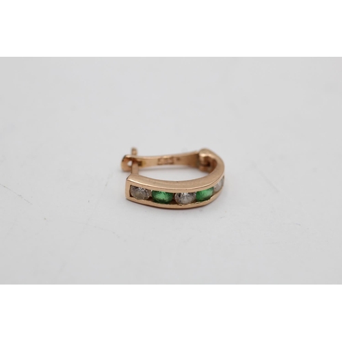 2 - 14ct gold vintage green paste & clear gemstone hoop earrings (2.4g)