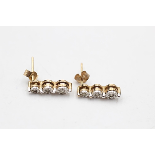 54 - 9ct vintage diamond three stone drop earrings (1.6g)