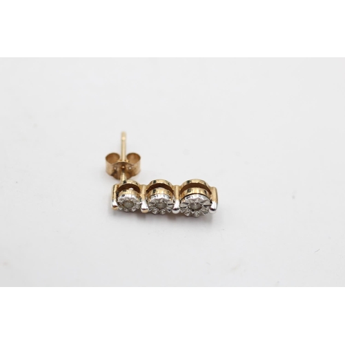 54 - 9ct vintage diamond three stone drop earrings (1.6g)