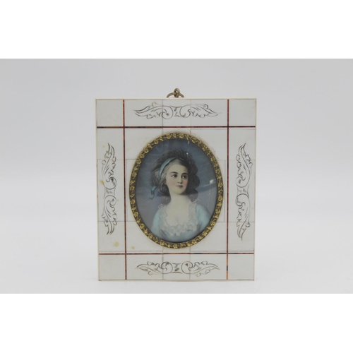 57 - Antique 19th Century French Miniature Art Portrait w Etched Tiled Frame Signed