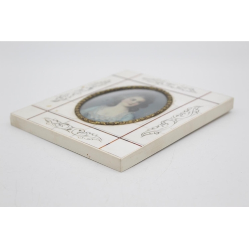 57 - Antique 19th Century French Miniature Art Portrait w Etched Tiled Frame Signed