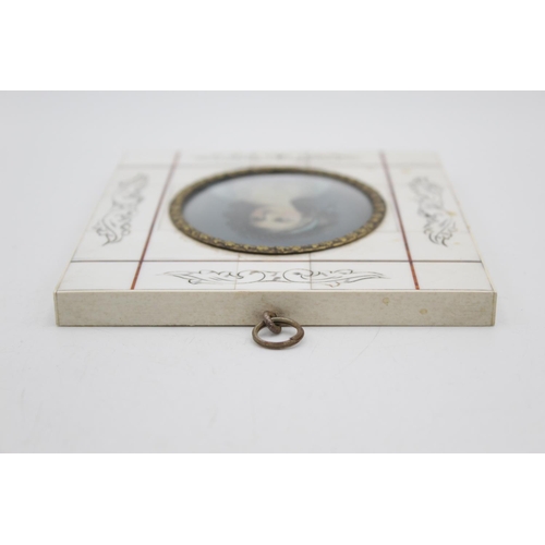 57 - Antique 19th Century French Miniature Art Portrait w Etched Tiled Frame Signed