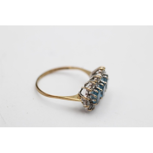 9 - 9ct gold vintage topaz & clear gemstone three stone halo dress ring (2.1g) Size O