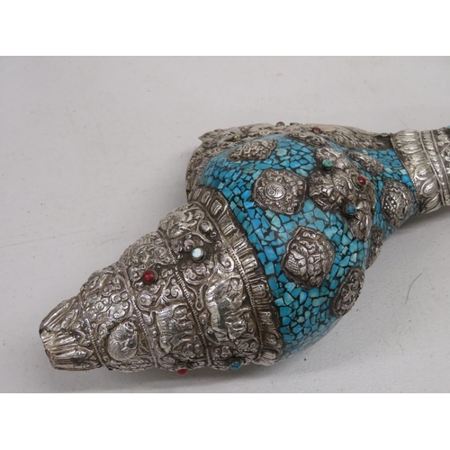 163 - Large silver and turquoise conch 21