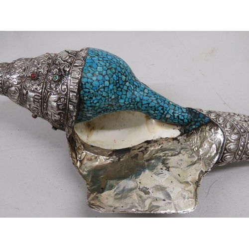 163 - Large silver and turquoise conch 21