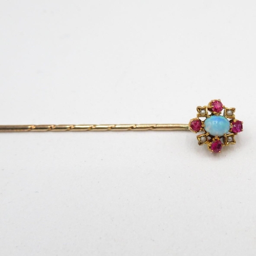 183 - Antique opal ruby and seed pearl pin in 15ct gold