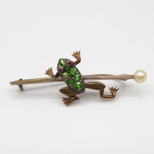 187 - Antique gold, green garnet and ruby frog brooch