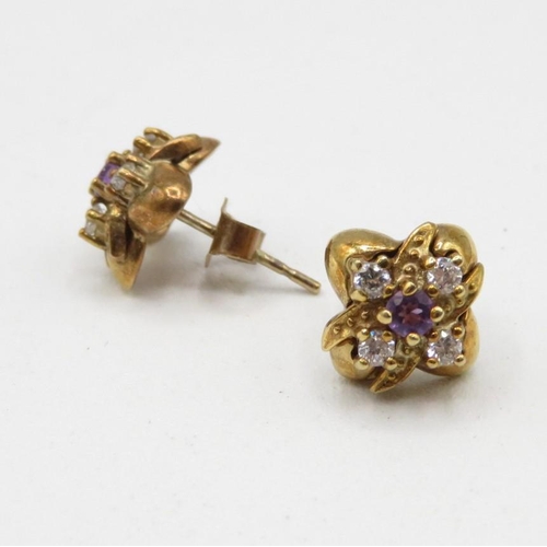 188 - Set of flower love earrings 9ct gold with purple amethyst and 4x cubic zirconias