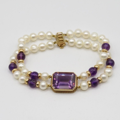 198 - 9ct amethyst and cultured pearl bracelet 19g